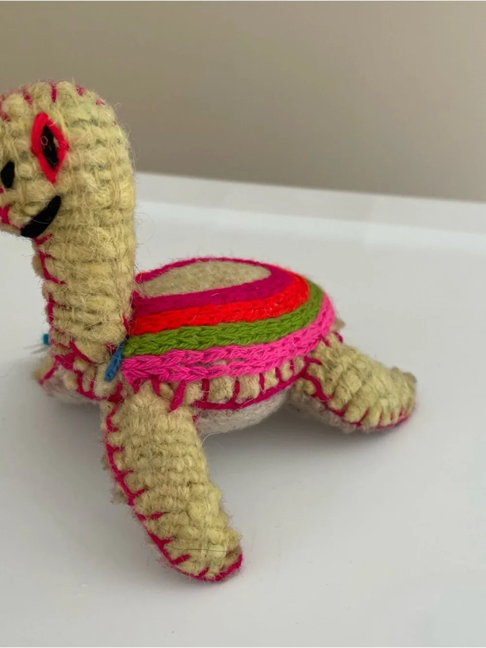 Twoolies Handcrafted Turtle Plush in Natural with Pink and Green Accents Wool
